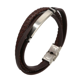 Bracelet Homme en Acier et en cuir marron 3 rangs composé d'une plaque acier mat de 7x33mm, 2 anneaux acier et 4 caoutchou...