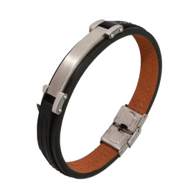 Bracelet Homme en Acier et Cuir noir avec une plaque en acier mat de 6x37mm. largeur : 12mm. Longueur : 21cm