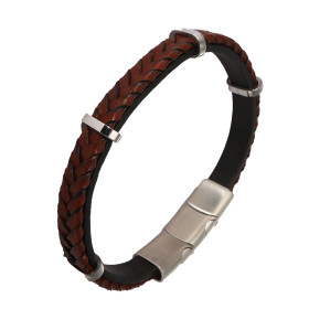 Bracelet Homme en Acier et Cuir marron tressé agrémenté de 4 anneaux en acier. Largeur : 12mm. Longueur : 20 ou 21cm