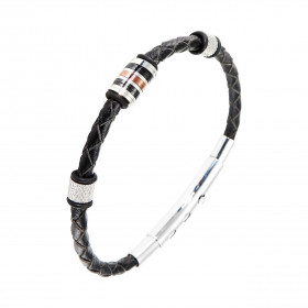 Bracelet homme cuir noir tressé, acier et caoutchouc 0,7x21cm