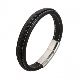 Bracelet Homme Cuir Tressé Noir et Acier. Fermoir magnétique en acier. Largeur du bracelet : 13mm. Convient à tous les poi...