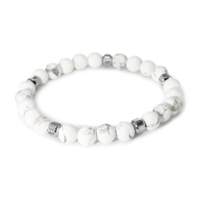 Bracelet Homme Howlite 8mm et billes striées en acier. Ce Bracelet est composé de perles de 8mm et de perles striées en ac...