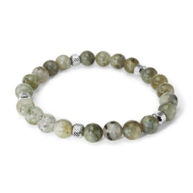 Bracelet Homme Labradorite 8mm et billes striées en acier. Ce Bracelet est composé de perles de 8mm et de perles striées e...