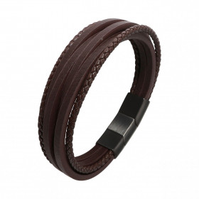 Bracelet Homme Multi-rangs Cuir Marron et Acier. Bracelet composé de quatre lanières rectangulaires et de deux lanières tr...