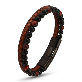 Bracelet Homme Multi-rangs Cuir Marron, Onxy et Oeil de faucon