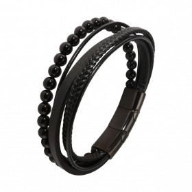 Bracelet Homme Multi-rangs Cuir Noir et Onyx