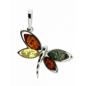 Pendentif Libellule Ambre Multicolore et Argent 925