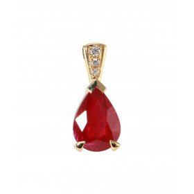 Pendentif en Or Jaune 750 serti d&#39;un Rubis AAA taille poire de 10x7mm et de diamants. Bélière sertie de 3 diamants pou...