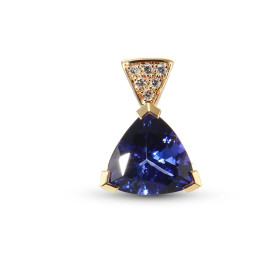 Pendentif en Or Jaune 750 serti d&#39;une Tanzanite AAA Trillion de 9mm et de 3 Diamants ronds. Poids Tanzanite : 1.55 car...