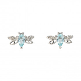 Puces d'oreilles Abeilles Or Blanc 375 Topaze bleue traitée et Diamant