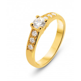 Solitaire épaulé Or Jaune 750 Diamant. Bague sertie d&#39;un Diamant central de 0.37 carat - Couleur F - Pureté Si2. 6 dia...