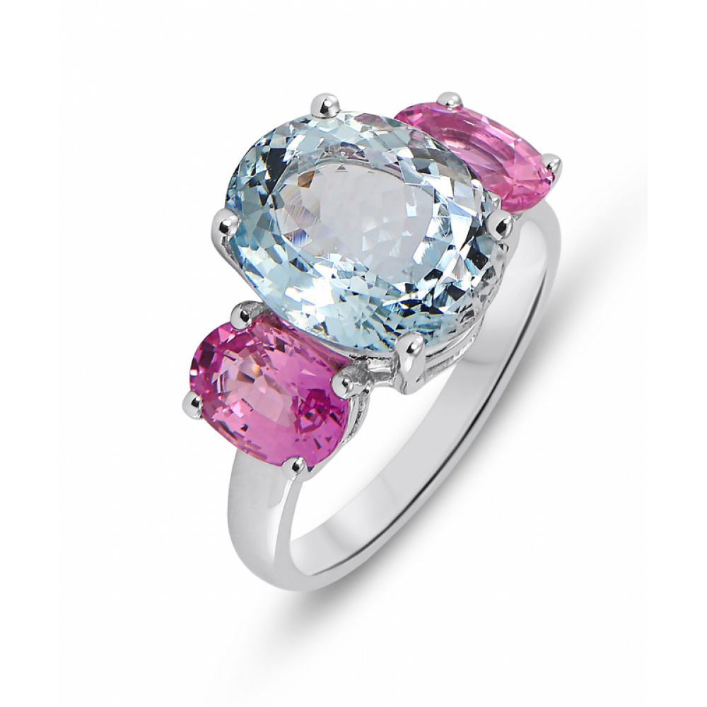 Bague Or Blanc 750 Aigue Marine et Saphir rose Ref. 42489