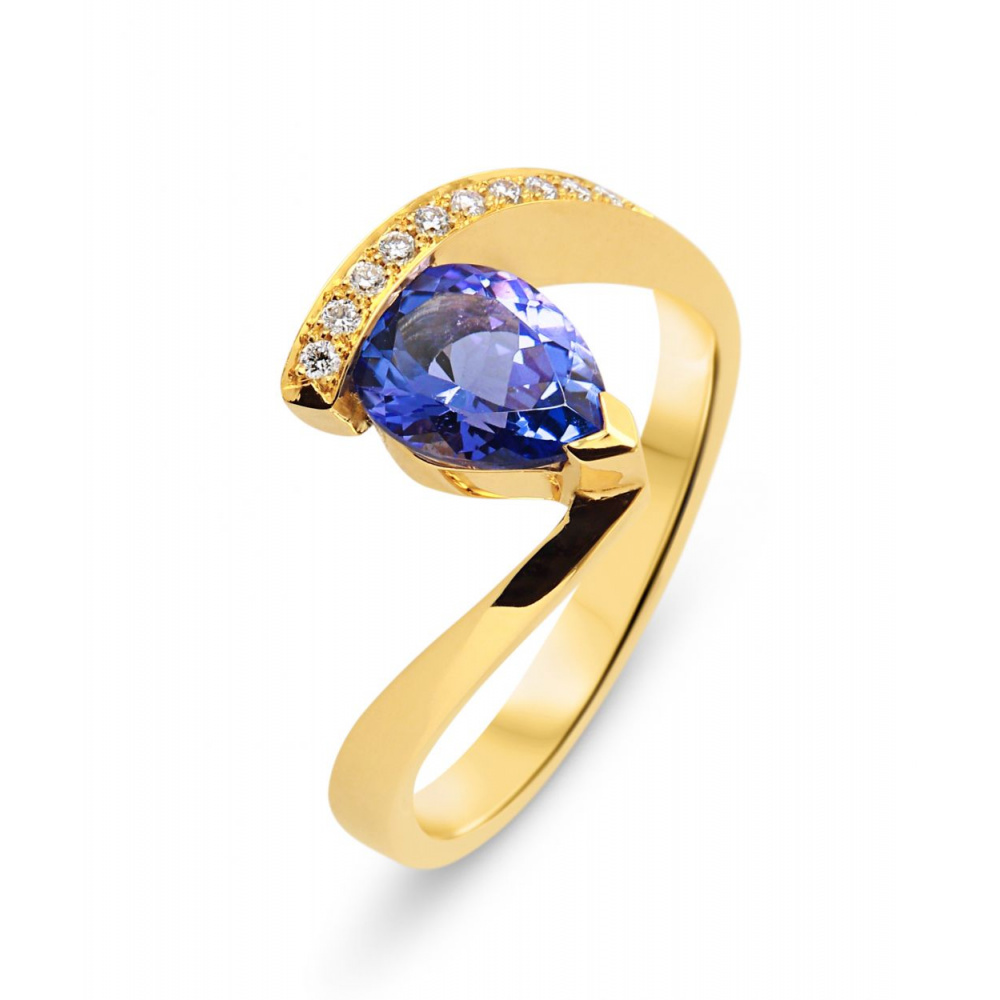 Bague Or Jaune 750 Tanzanite Poire 8x6mm Et Diamants Ref. 46601